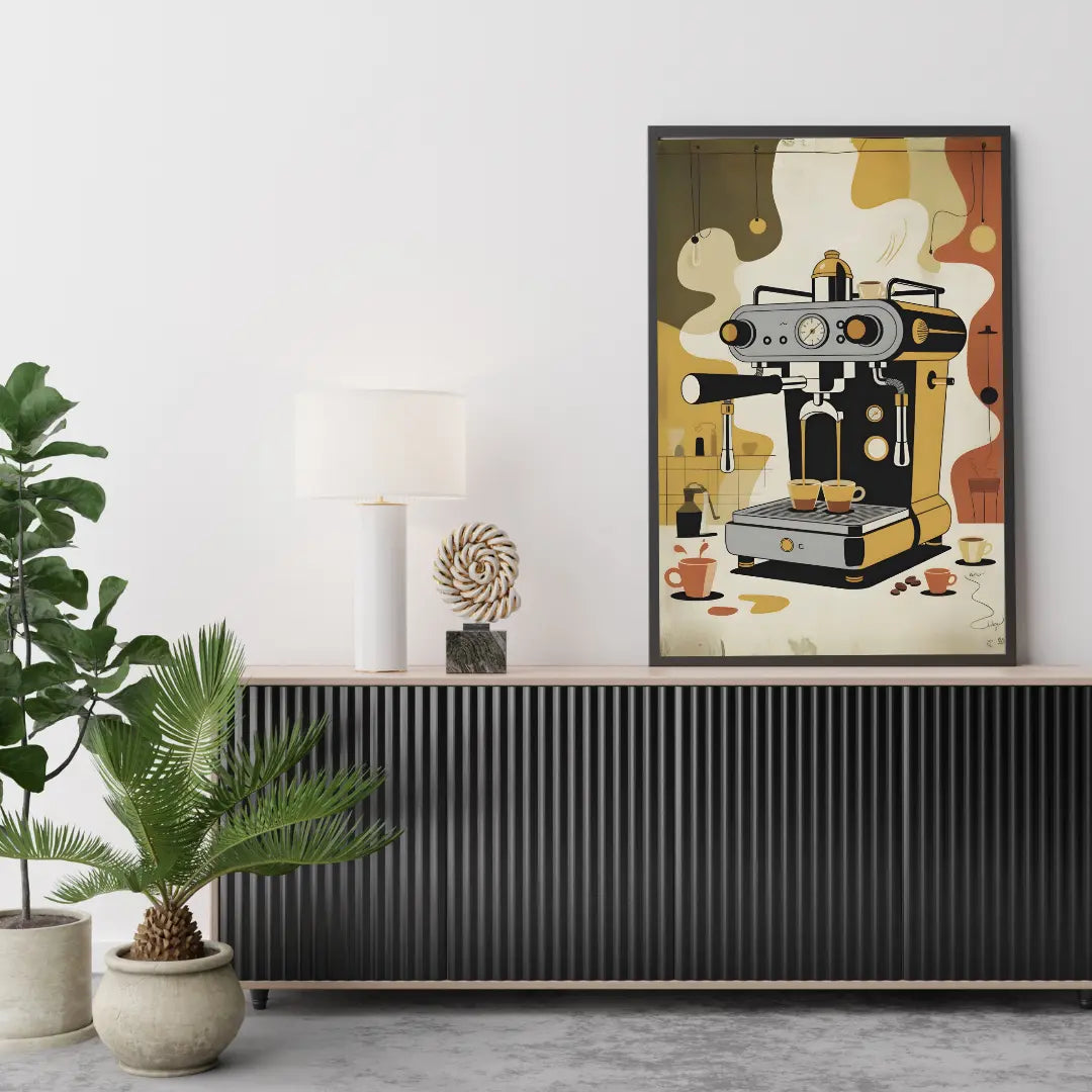 ForWalls.eu - Plakat Coffee Machine - Minimalist poster featuring a vintage black and silver coffee machine with steam and coffee cups on a warm brown abstract. - jedzenie, kawa, plakat
