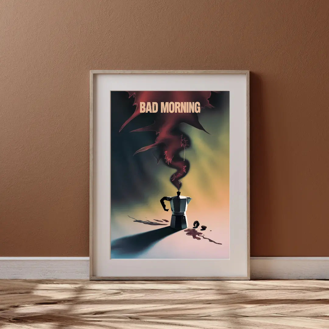 ForWalls.eu - Plakat Bad Morning - Framed poster with minimalist surreal design of a coffee pot emitting dark smoke, “BAD MORNING” text above. - plakat, surrelizm