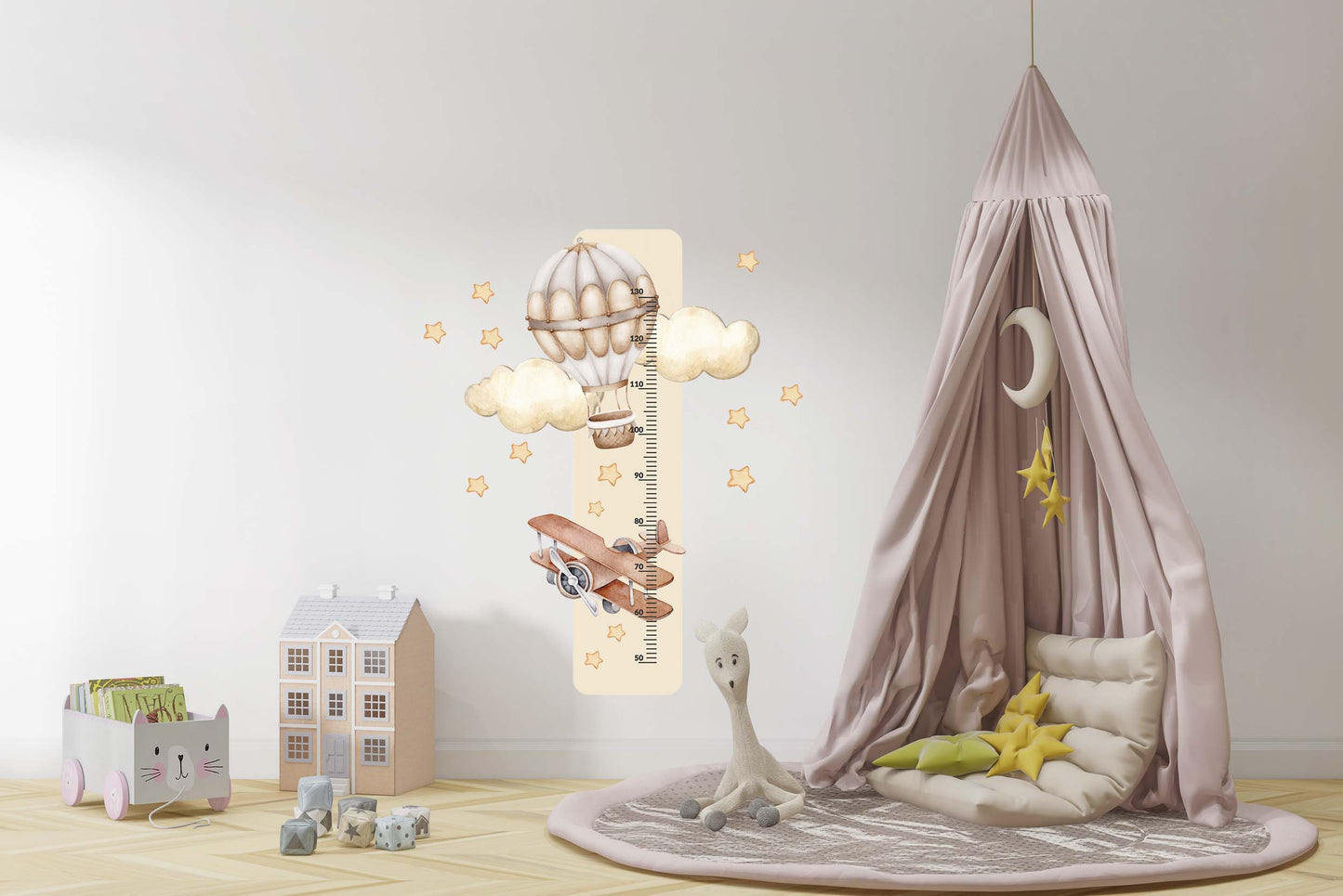 Miarka wzrostu dla dzieci samolot balon Naklejka na ścianę beżowa 45x120 ForWalls.eu