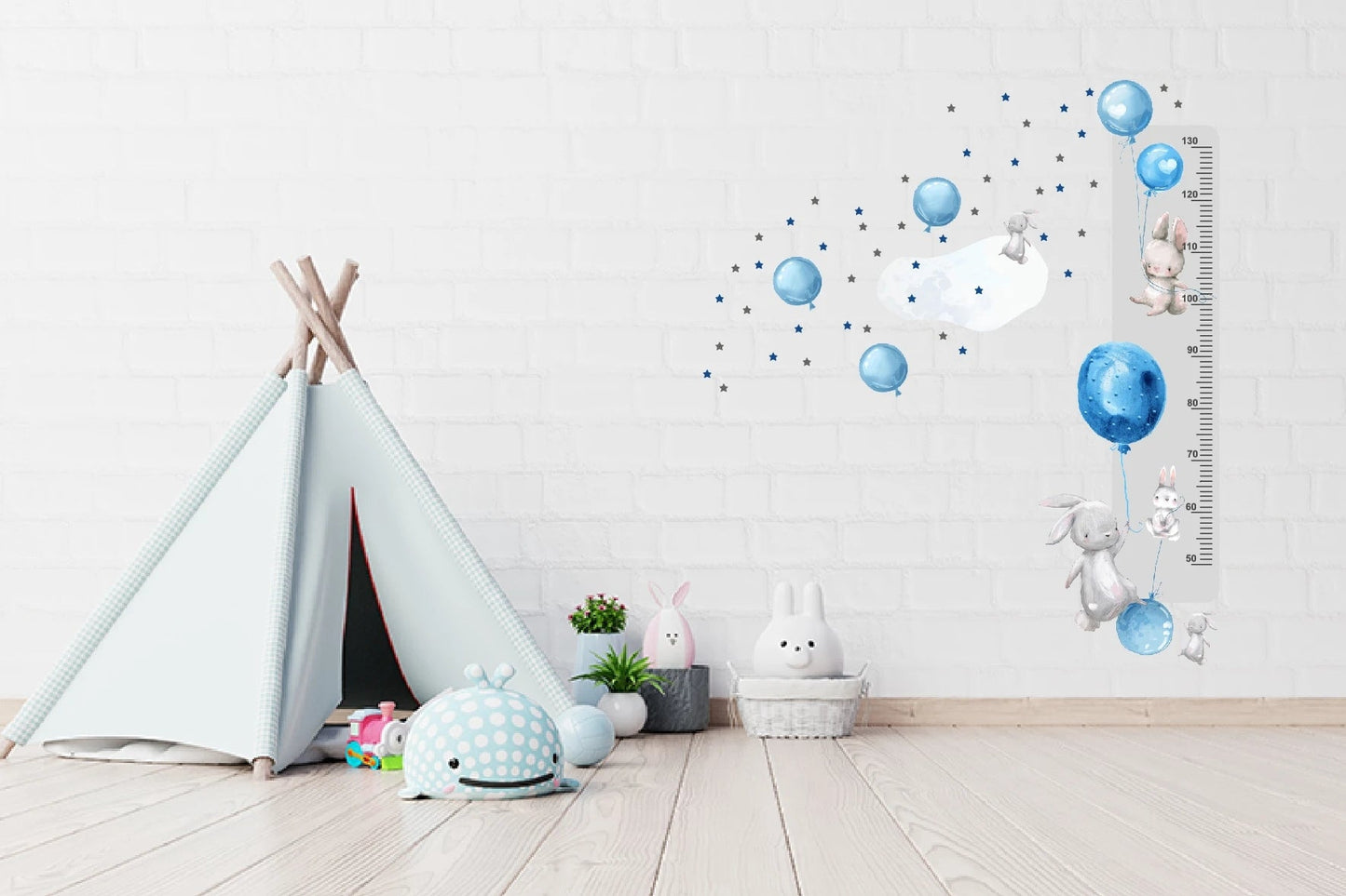 Miarka wzrostu dla dzieci Naklejka króliczki i niebieskie balony 45x120 ForWalls.eu