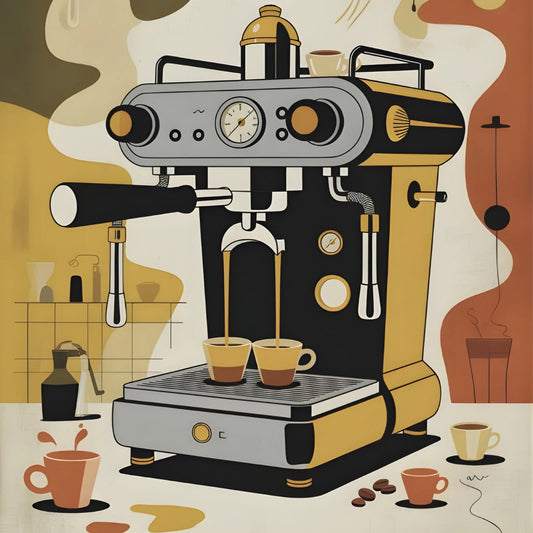 ForWalls.eu - Plakat Coffee Machine - Minimalist poster of a black and gold vintage espresso machine with two cups, abstract beige and brown background shapes. - jedzenie, kawa, plakat