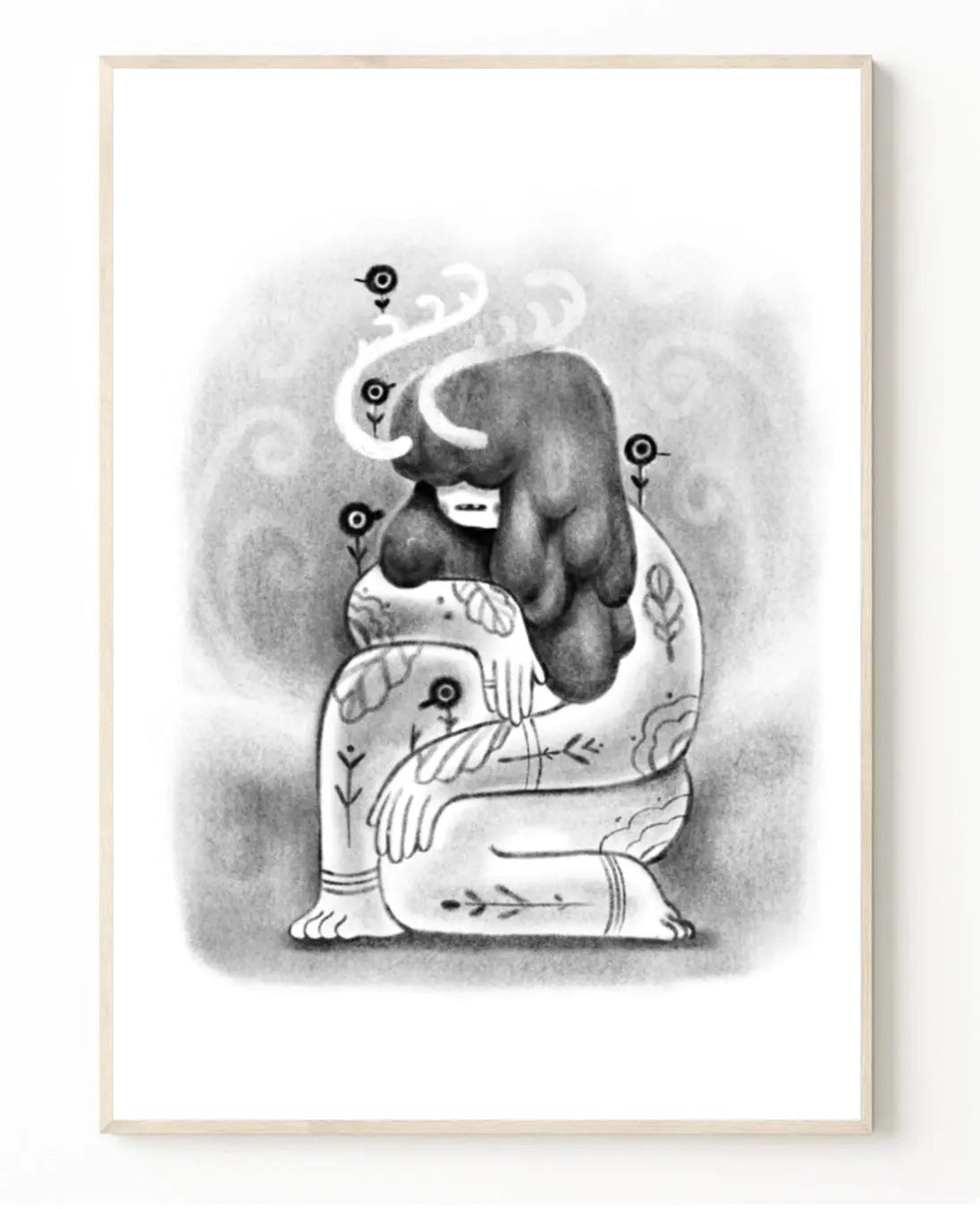 ForWalls.eu - Plakat Gaja - Minimalist black and white drawing of a seated woman with long hair, intricate body tattoos, and smoke swirling around her. - classic, Luiza Kwiatkowska, plakat, print