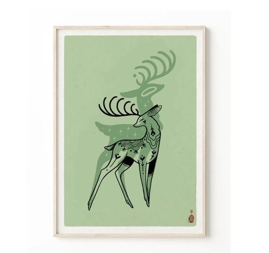 ForWalls.eu - Plakat Jeleń - Minimalist green poster featuring a stylized black and dark green deer with intricate antlers on a muted background. - export, Luiza Kwiatkowska, plakat, print, Soul Animals
