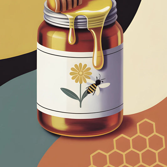 ForWalls.eu - Plakat Sweet Chaos - Honey jar with a wooden dipper dripping honey, bee illustration on label, hexagonal honeycomb pattern on a muted multicolor. - jedzenie, plakat, typografia