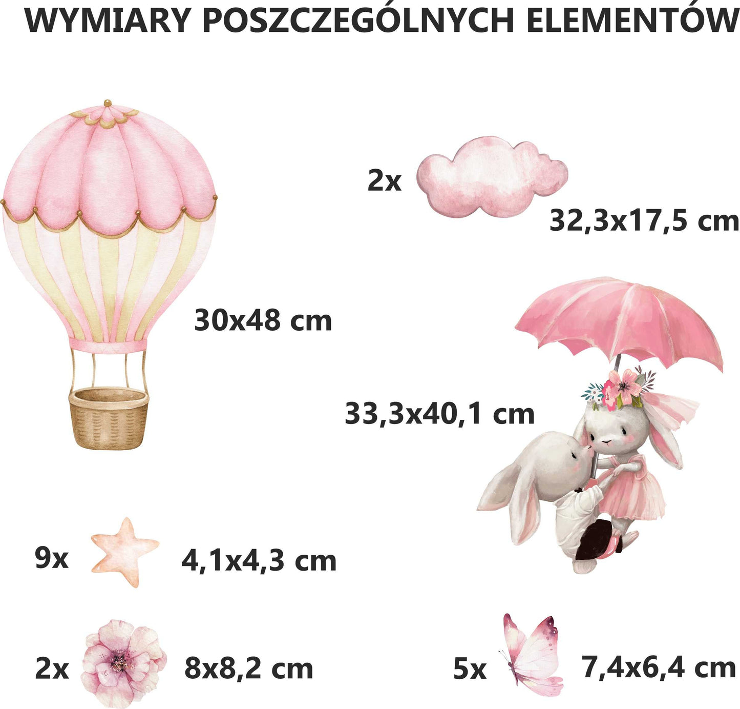 Naklejki na ścianę dla dziewczynki Króliczki Róż Balon Chmurki do pokoju ForWalls.eu