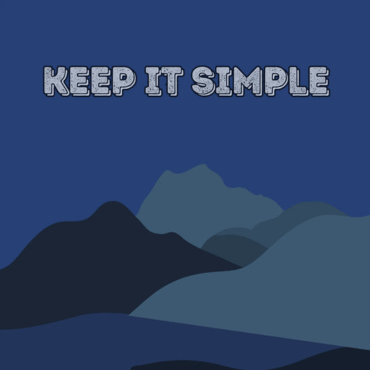 ForWalls.eu - Plakat Keep It Simple - Minimalist poster with layered blue mountains silhouette and textured "KEEP IT SIMPLE" text in light blue at top center. - góry, minimalistyczny, natura, plakat