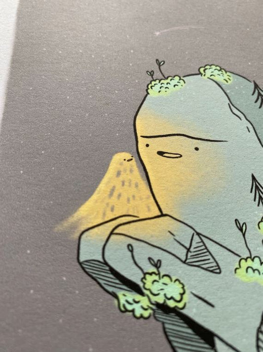 ForWalls.eu - Plakat Miłość - Minimalist illustration of a gray abstract figure with simple facial features, green moss, and a yellow glowing patch on. - Luiza Kwiatkowska, plakat, print