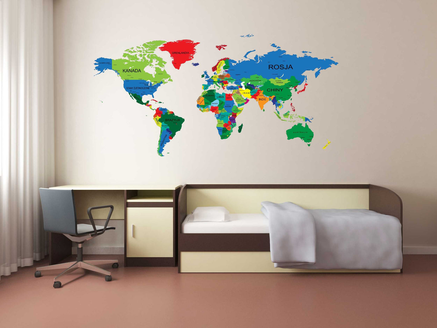 Naklejka edukacyjna Kolorowa Mapa Świata Nazwy Państw dla dzieci 100x200  ForWalls.eu