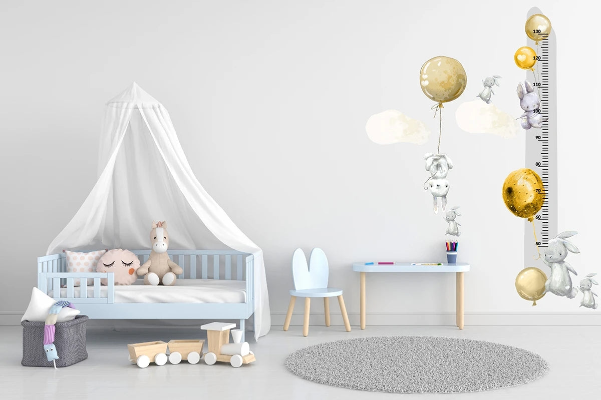Miarka wzrostu dla dzieci króliczki i żółte balony Kolorowa naklejka 45x120  ForWalls.eu