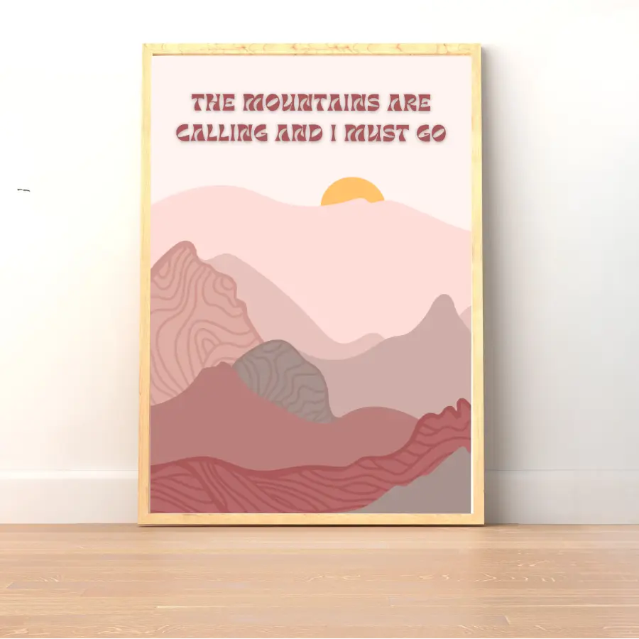 ForWalls.eu - Plakat Mountain Calling - Minimalist poster with layered pink and mauve mountains, a yellow sun, and text "The Mountains Are Calling And I Must Go". - góry, minimalistyczny, natura, plakat
