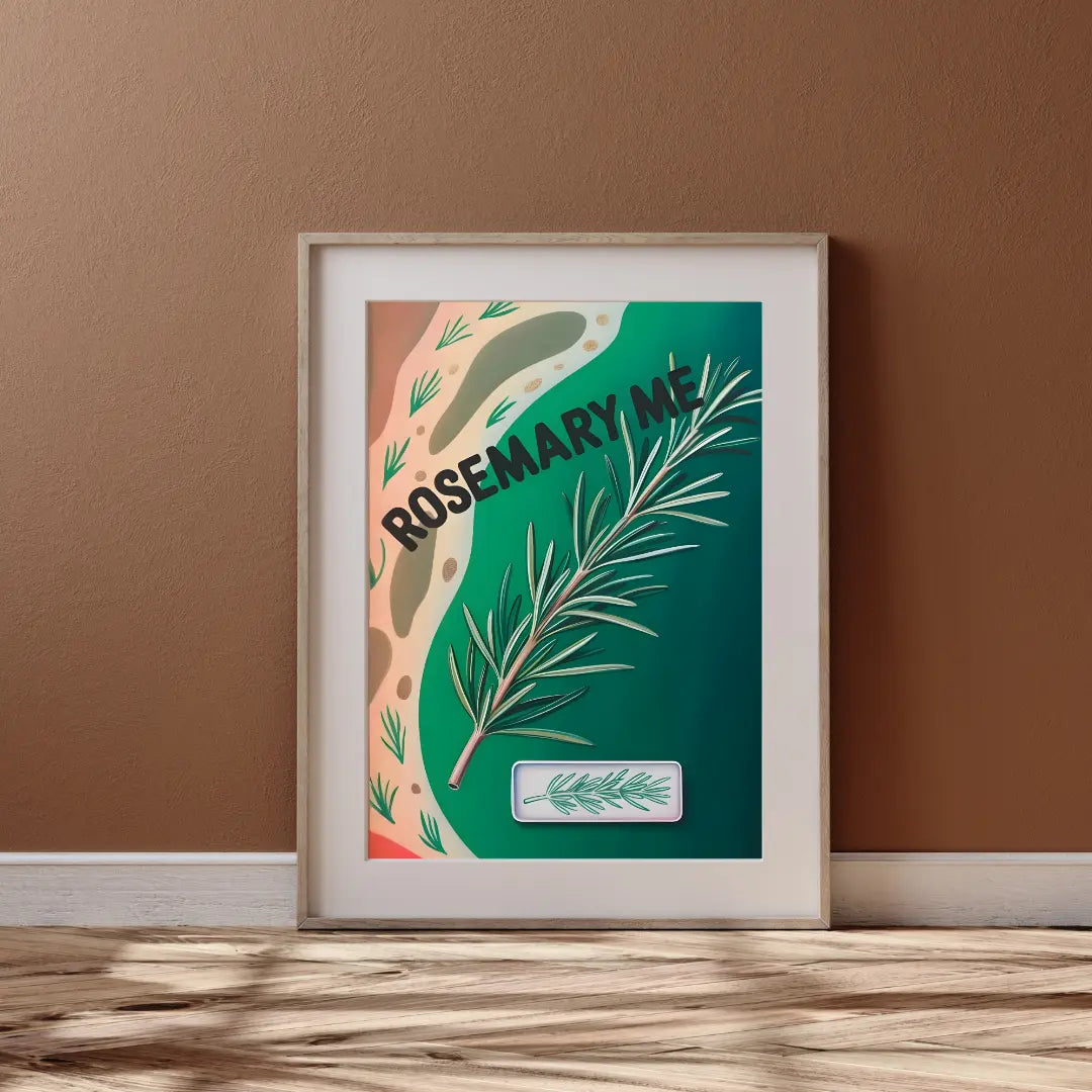 ForWalls.eu - Plakat Rosemary Me - Minimalist poster with a green rosemary sprig against abstract pink and beige shapes, bold black "ROSEMARY ME" text. - botaniczny, humor, jedzenie, miłość, plakat