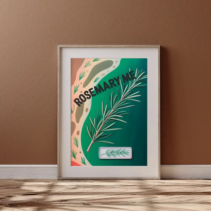ForWalls.eu - Plakat Rosemary Me - Minimalist poster with a green rosemary sprig against abstract pink and beige shapes, bold black "ROSEMARY ME" text. - botaniczny, humor, jedzenie, miłość, plakat