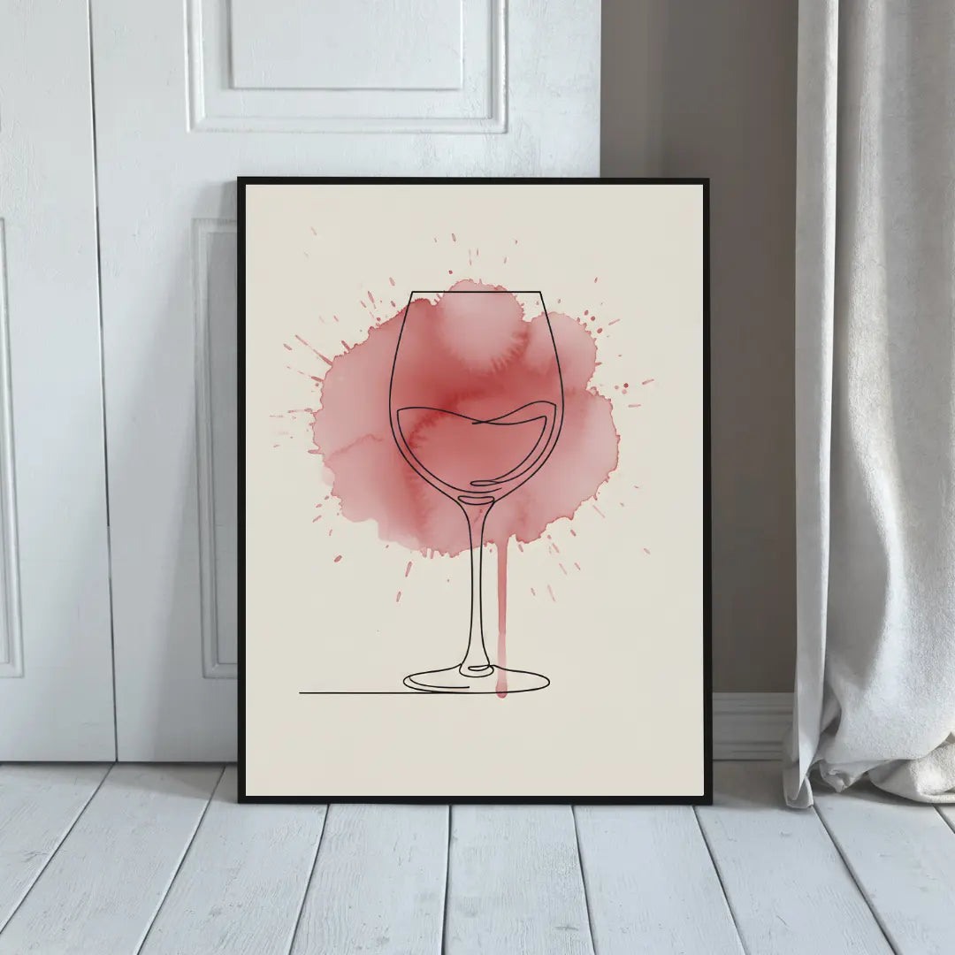 ForWalls.eu - Plakat Wine Splash - Minimalist poster with black line drawing of wine glass and red wine splash on light beige background, black frame. - minimalistyczny, plakat