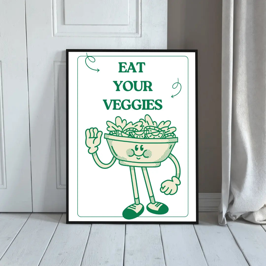 ForWalls.eu - Plakat Eat Your Veggies - Minimalist poster with green text "EAT YOUR VEGGIES" and a cartoon bowl of vegetables waving on a white background. - jedzenie, plakat