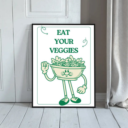 ForWalls.eu - Plakat Eat Your Veggies - Minimalist poster with green text "EAT YOUR VEGGIES" and a cartoon bowl of vegetables waving on a white background. - jedzenie, plakat