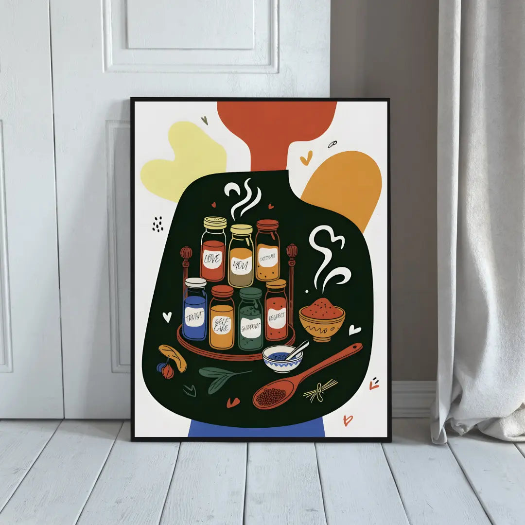 ForWalls.eu - Plakat Seasoned With Love - Colorful poster with jars of spices, steaming bowls, and wooden spoons on a dark green abstract background. - jedzenie, kawa, miłość, plakat