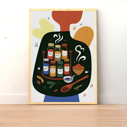 ForWalls.eu - Plakat Seasoned With Love - Minimalist poster featuring stylized jars, steaming bowls, wooden spoons, and hearts in warm earthy tones on white background. - jedzenie, kawa, miłość, plakat