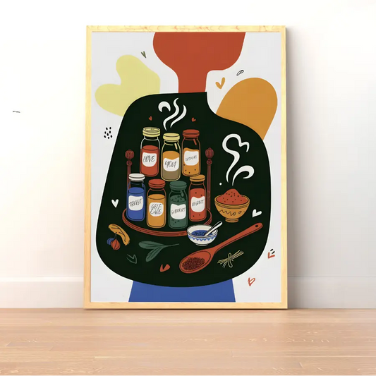ForWalls.eu - Plakat Seasoned With Love - Minimalist poster featuring stylized jars, steaming bowls, wooden spoons, and hearts in warm earthy tones on white background. - jedzenie, kawa, miłość, plakat