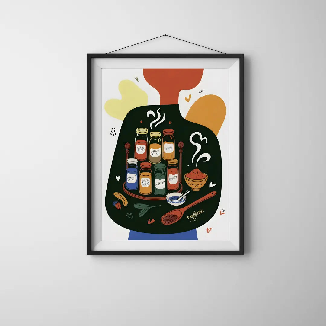 ForWalls.eu - Plakat Seasoned With Love - Black-framed poster with colorful abstract shapes and illustrations of jars, steaming food, and herbs on white background. - jedzenie, kawa, miłość, plakat