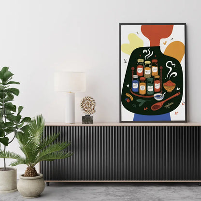 ForWalls.eu - Plakat Seasoned With Love - Colorful minimalist poster with jars, coffee cup, spices, and abstract shapes on white background in black frame. - jedzenie, kawa, miłość, plakat