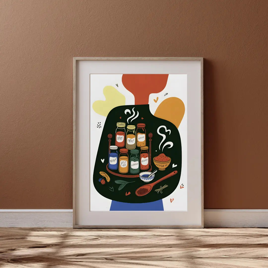 ForWalls.eu - Plakat Seasoned With Love - Minimalist poster with jars, spices, and coffee elements inside an abstract dark green vase shape on a white background. - jedzenie, kawa, miłość, plakat