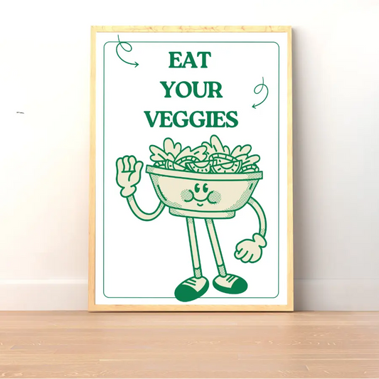 ForWalls.eu - Plakat Eat Your Veggies - Minimalist poster with green text "EAT YOUR VEGGIES" above a smiling bowl of salad with arms and legs waving. - jedzenie, plakat