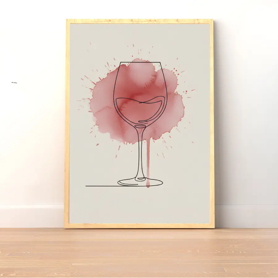 ForWalls.eu - Plakat Wine Splash - Minimalist poster with a single continuous line drawing of a wine glass over a red watercolor splash background. - minimalistyczny, plakat