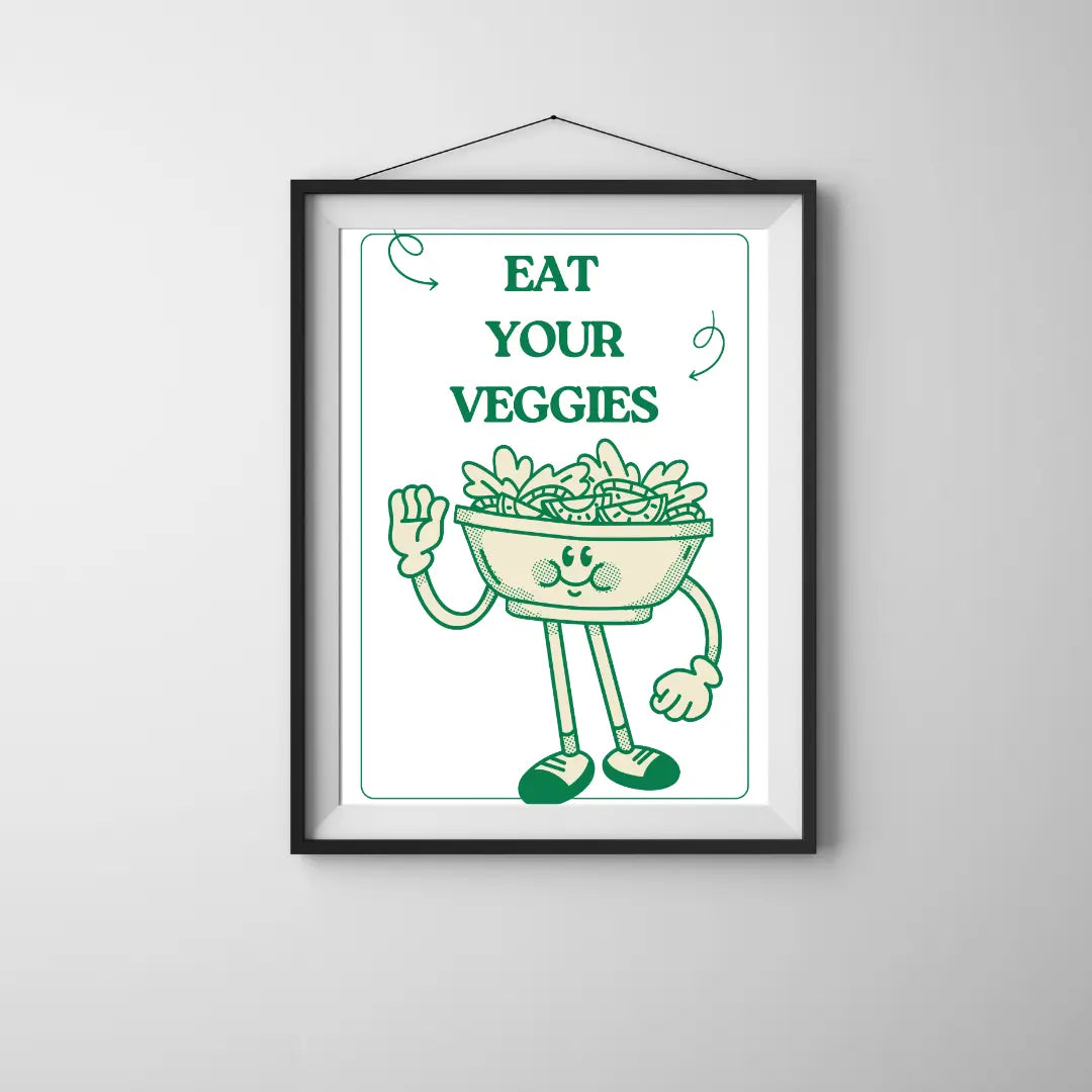 ForWalls.eu - Plakat Eat Your Veggies - Minimalist poster with green text "EAT YOUR VEGGIES" above a smiling bowl of vegetables with arms and legs. - jedzenie, plakat