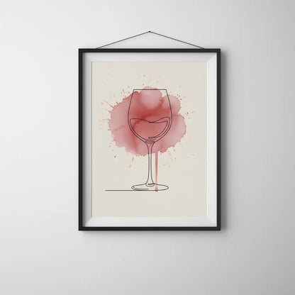 ForWalls.eu - Plakat Wine Splash - Minimalist poster with black line drawing of a wine glass over red wine splash on beige background in black frame. - minimalistyczny, plakat