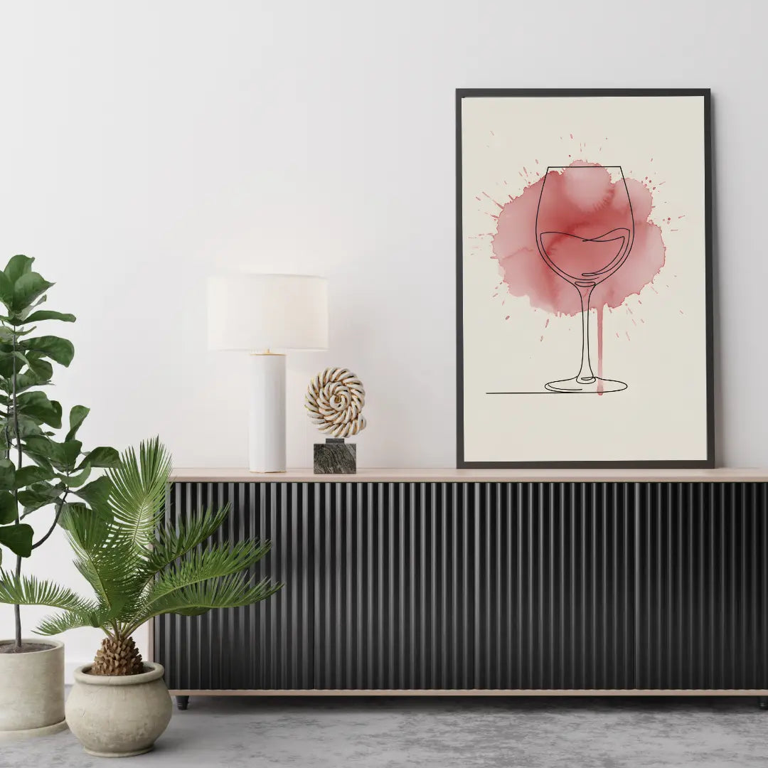 ForWalls.eu - Plakat Wine Splash - Minimalist wall poster featuring a red wine glass outlined with a splash of watercolor red behind it, framed in black. - minimalistyczny, plakat