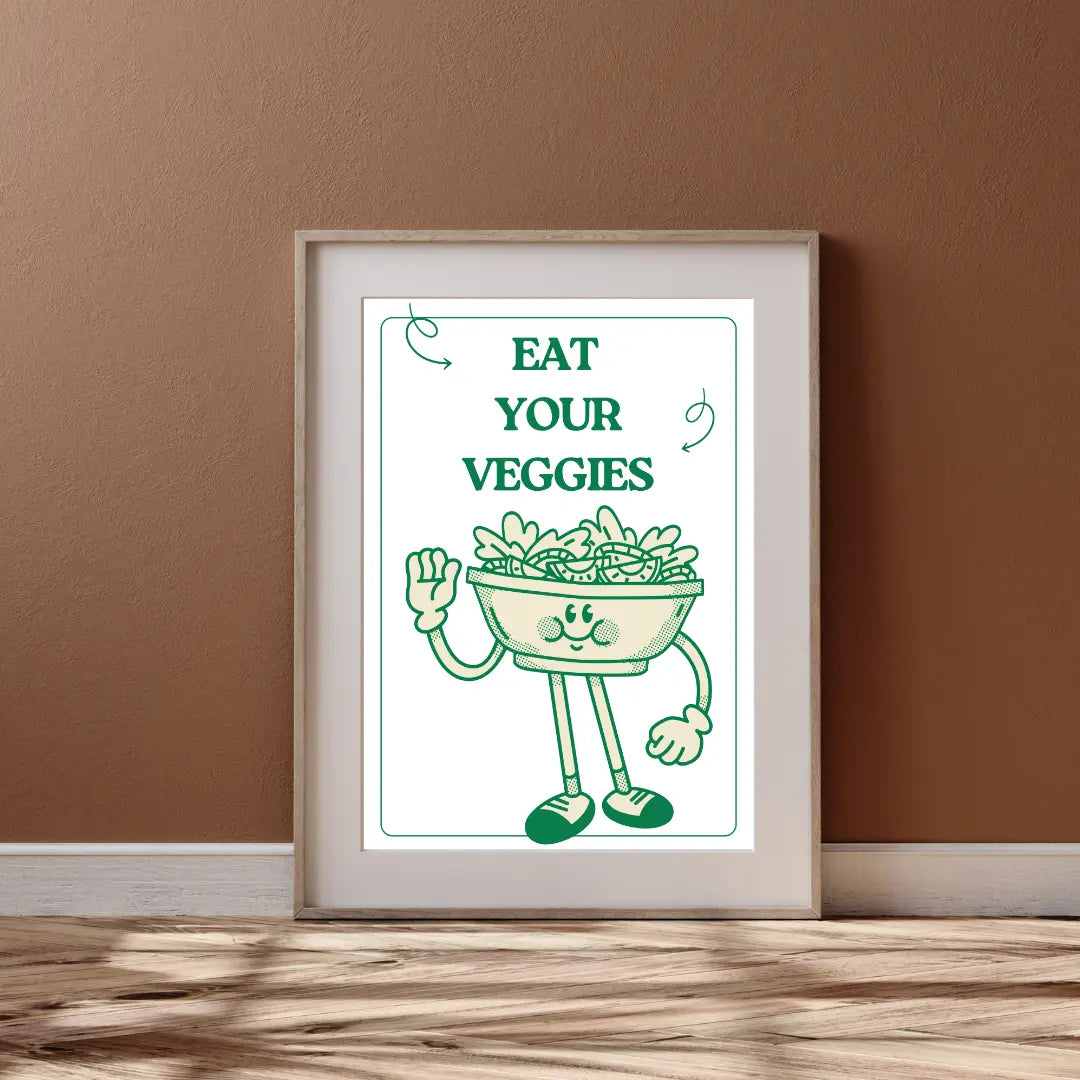 ForWalls.eu - Plakat Eat Your Veggies - Minimalist poster with green text "EAT YOUR VEGGIES" above a smiling, anthropomorphic bowl of salad with arms and legs on. - jedzenie, plakat
