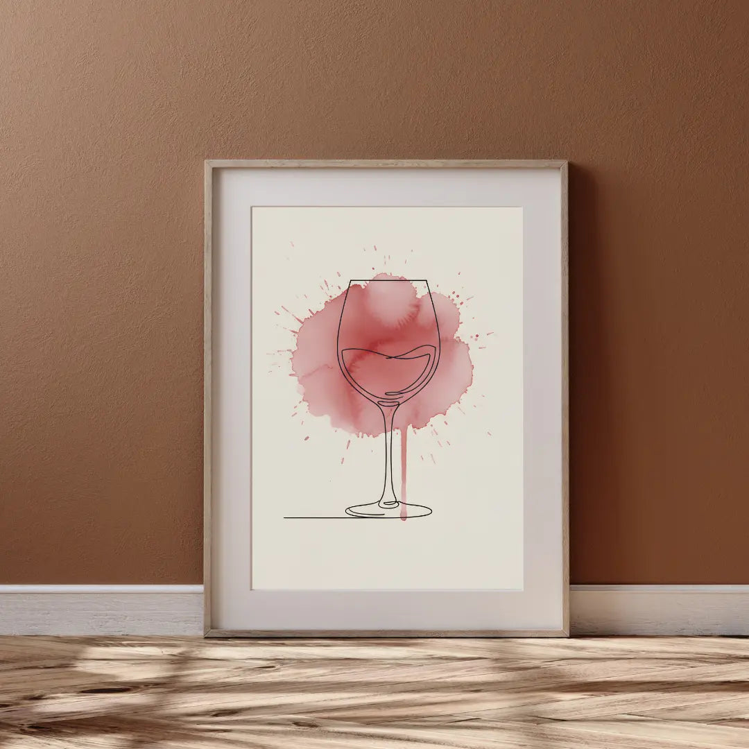 ForWalls.eu - Plakat Wine Splash - Minimalist poster of a wine glass outlined in black with red splash watercolor background, framed and resting on wood floor. - minimalistyczny, plakat