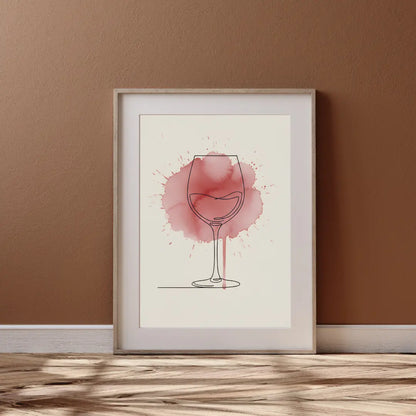 ForWalls.eu - Plakat Wine Splash - Minimalist poster of a wine glass outlined in black with red splash watercolor background, framed and resting on wood floor. - minimalistyczny, plakat