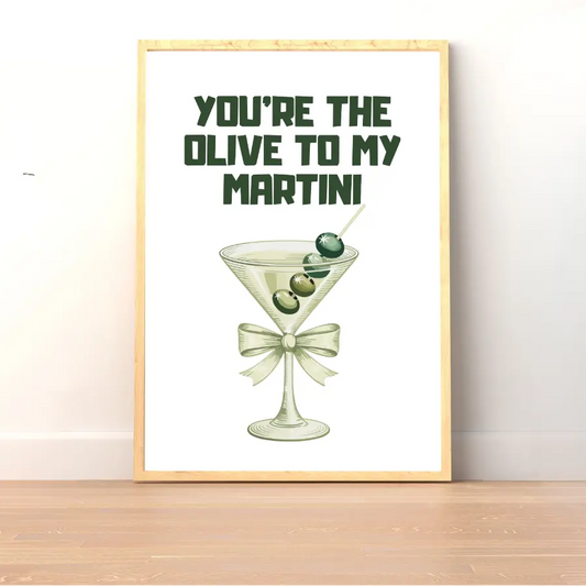 ForWalls.eu - Plakat Martini - Minimalist poster with dark green text "You're the olive to my martini" above a martini glass holding three olives, white. - jedzenie, miłość, plakat
