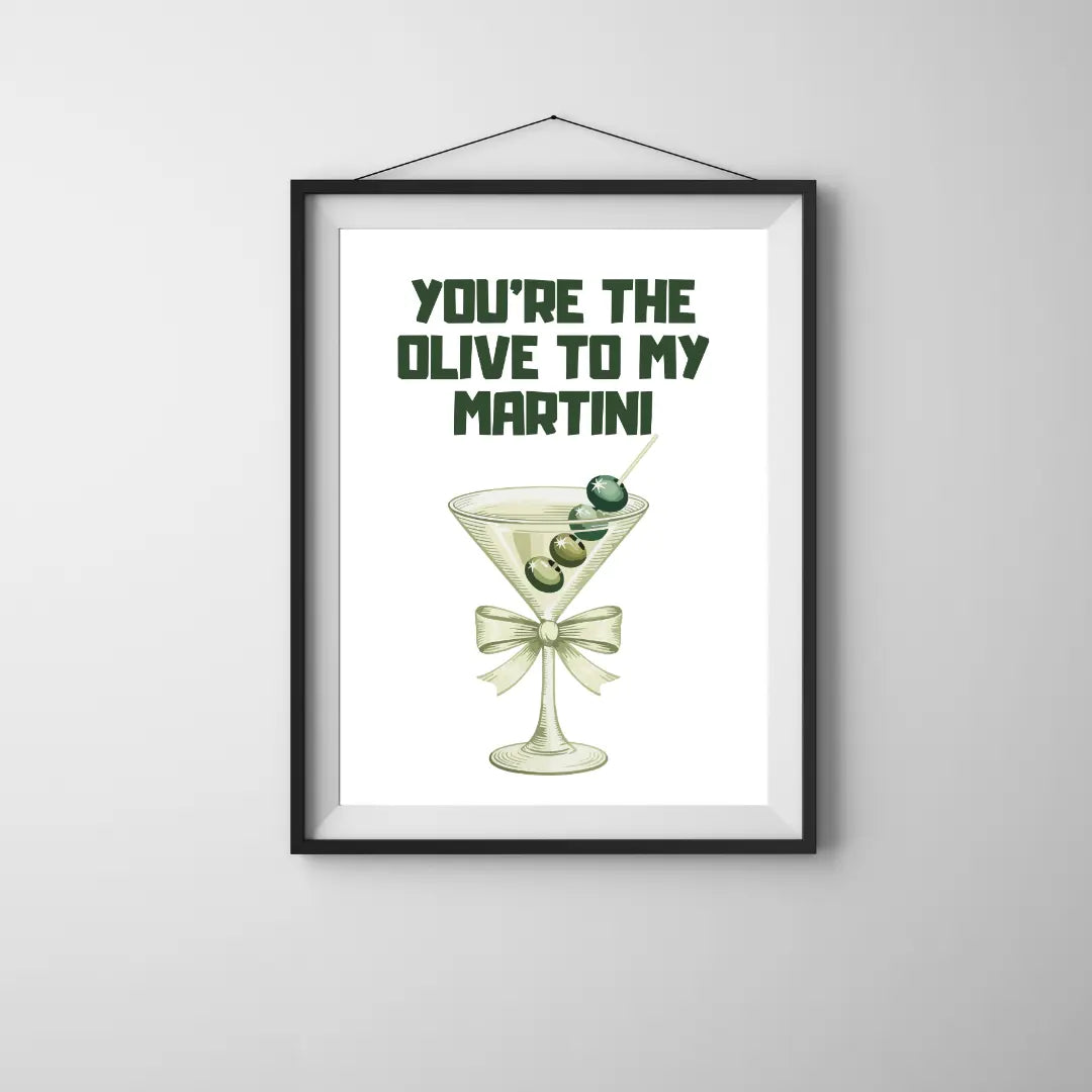 ForWalls.eu - Plakat Martini - Minimalist poster with green text "You're the olive to my Martini" above a martini glass with three olives tied with a green . - jedzenie, miłość, plakat