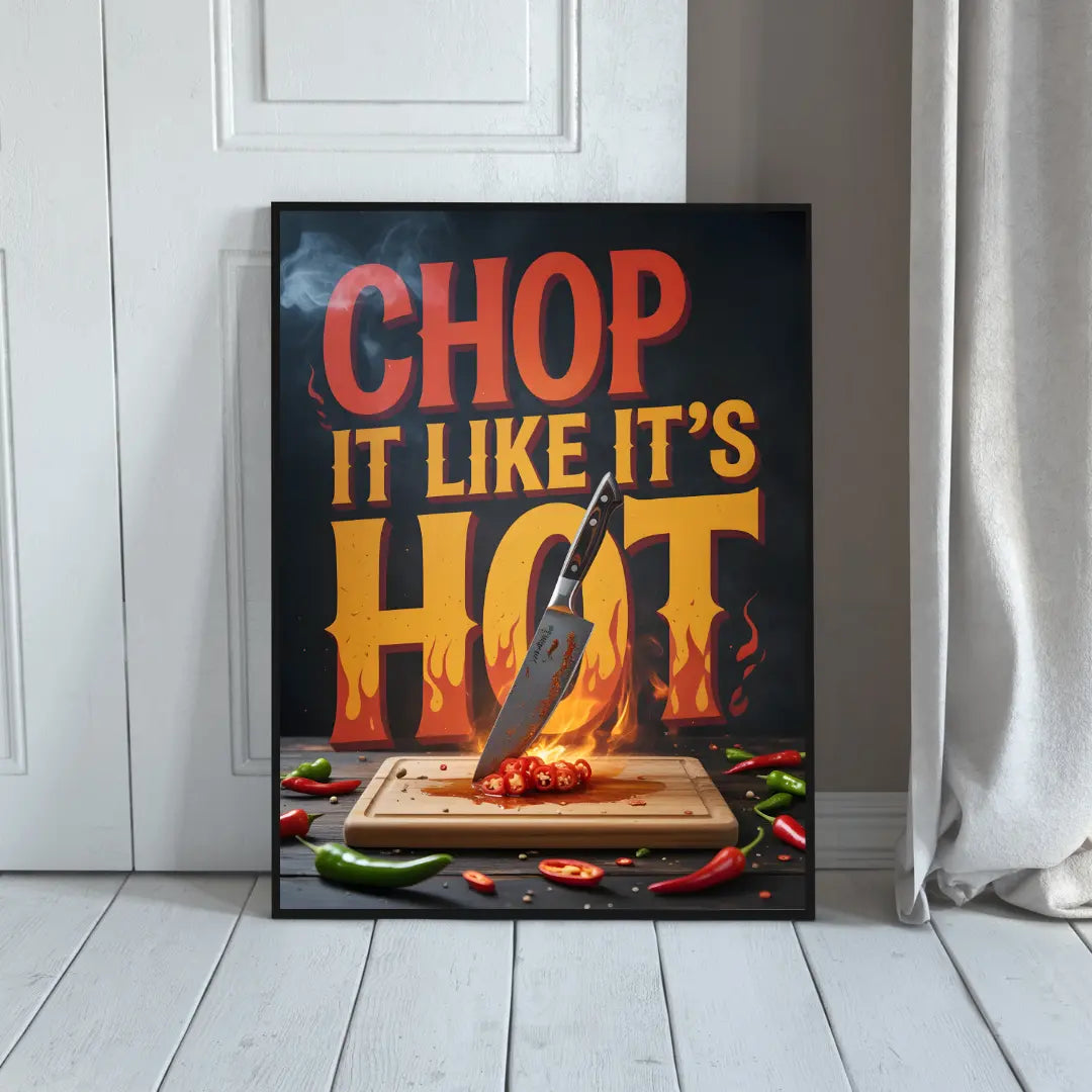 ForWalls.eu - Plakat Chop It Like It's Hot - Black poster with bold red and yellow text "CHOP IT LIKE IT'S HOT," fiery flames, chili peppers, and knife on cutting board. - classic, jedzenie, plakat