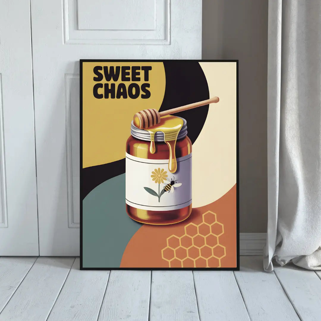 ForWalls.eu - Plakat Sweet Chaos - Minimalist poster with honey jar labeled with a yellow flower, dripping honey and bold “SWEET CHAOS” text. - jedzenie, plakat, typografia