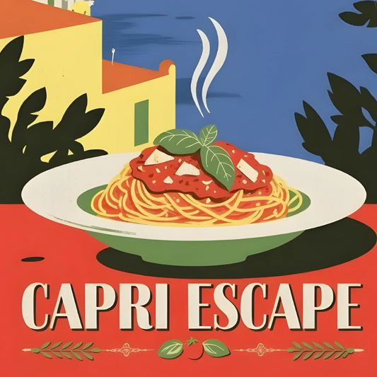 ForWalls.eu - Plakat Capri Escape - Minimalist poster with a plate of steaming spaghetti with tomato sauce, basil, and a coastal cliff with buildings in the. - jedzenie, plakat, podróże