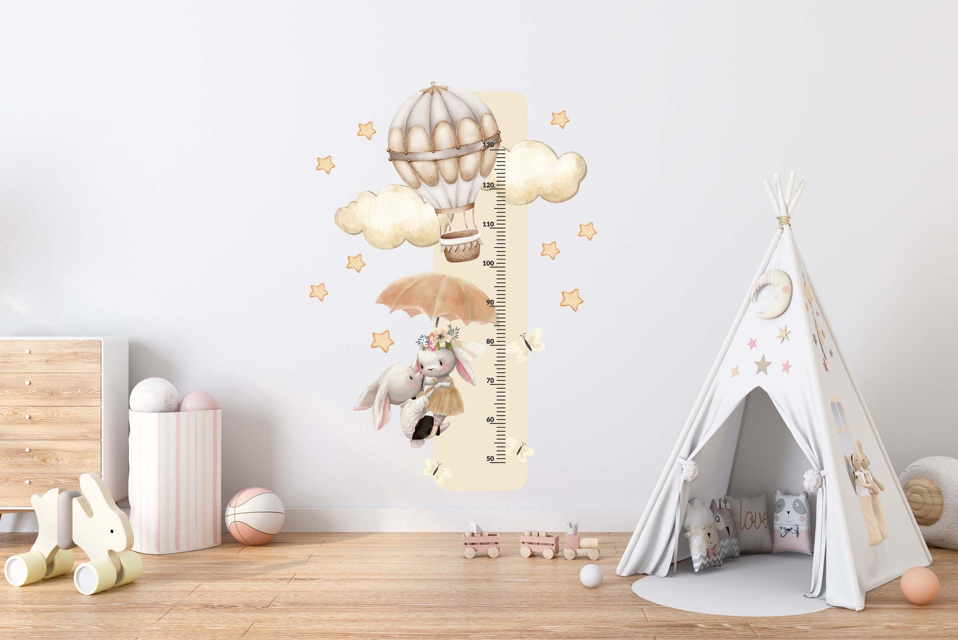 Miarka wzrostu dla dzieci króliczki balon Naklejka na ścianę beżowa 45x120  ForWalls.eu