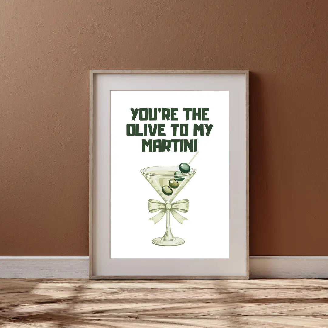 ForWalls.eu - Plakat Martini - Minimalist poster with green olives in a martini glass and text "You're the olive to my martini" on white background. - jedzenie, miłość, plakat