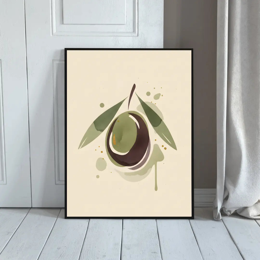 ForWalls.eu - Plakat Olive Oil - Minimalist poster of a large olive with green leaves and abstract green paint splashes on a beige background. - botaniczny, jedzenie, minimalistyczny, plakat