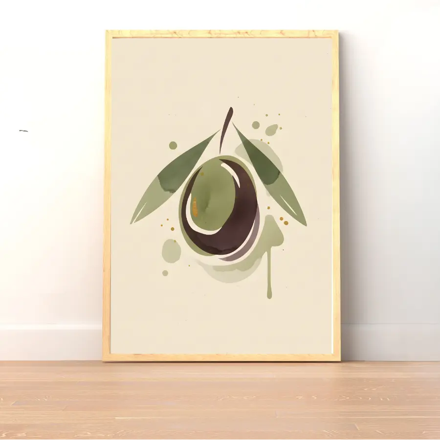 ForWalls.eu - Plakat Olive Oil - Minimalist poster with a large olive illustration featuring dark green leaves and abstract paint splashes on cream background. - botaniczny, jedzenie, minimalistyczny, plakat