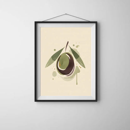 ForWalls.eu - Plakat Olive Oil - Minimalist poster with a single large olive and two leaves on a beige background, framed in black. - botaniczny, jedzenie, minimalistyczny, plakat