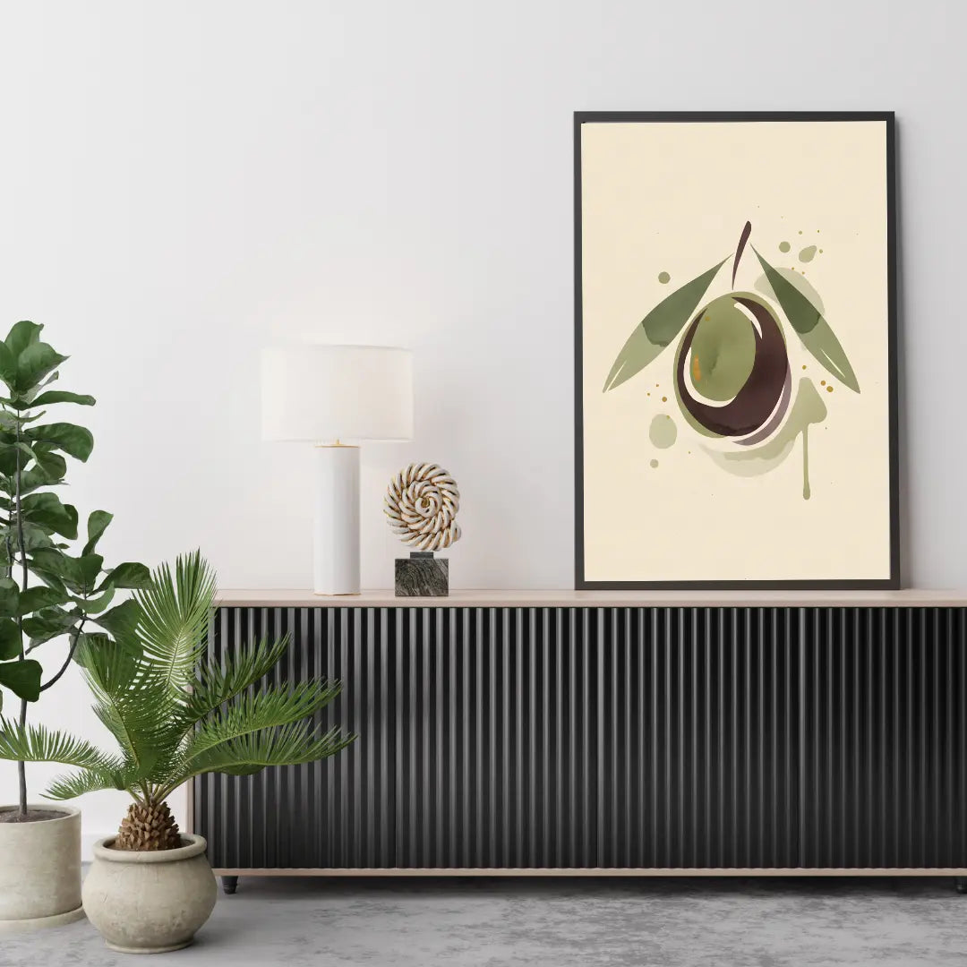 ForWalls.eu - Plakat Olive Oil - Minimalist poster of a dark olive with green leaves on beige background, framed in black, sitting on modern cabinet. - botaniczny, jedzenie, minimalistyczny, plakat
