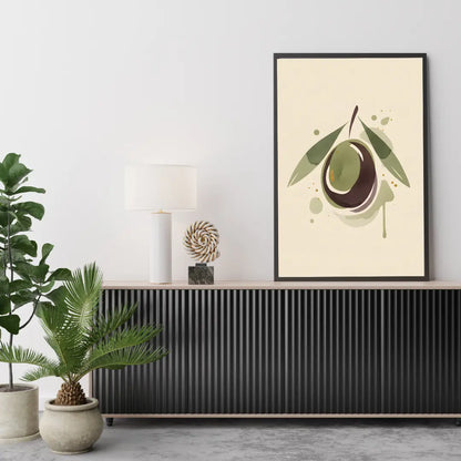ForWalls.eu - Plakat Olive Oil - Minimalist poster of a dark olive with green leaves on beige background, framed in black, sitting on modern cabinet. - botaniczny, jedzenie, minimalistyczny, plakat