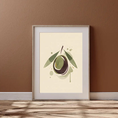 ForWalls.eu - Plakat Olive Oil - Minimalist botanical poster of a glossy olive with green leaves, splashes, on a cream background in a light frame. - botaniczny, jedzenie, minimalistyczny, plakat