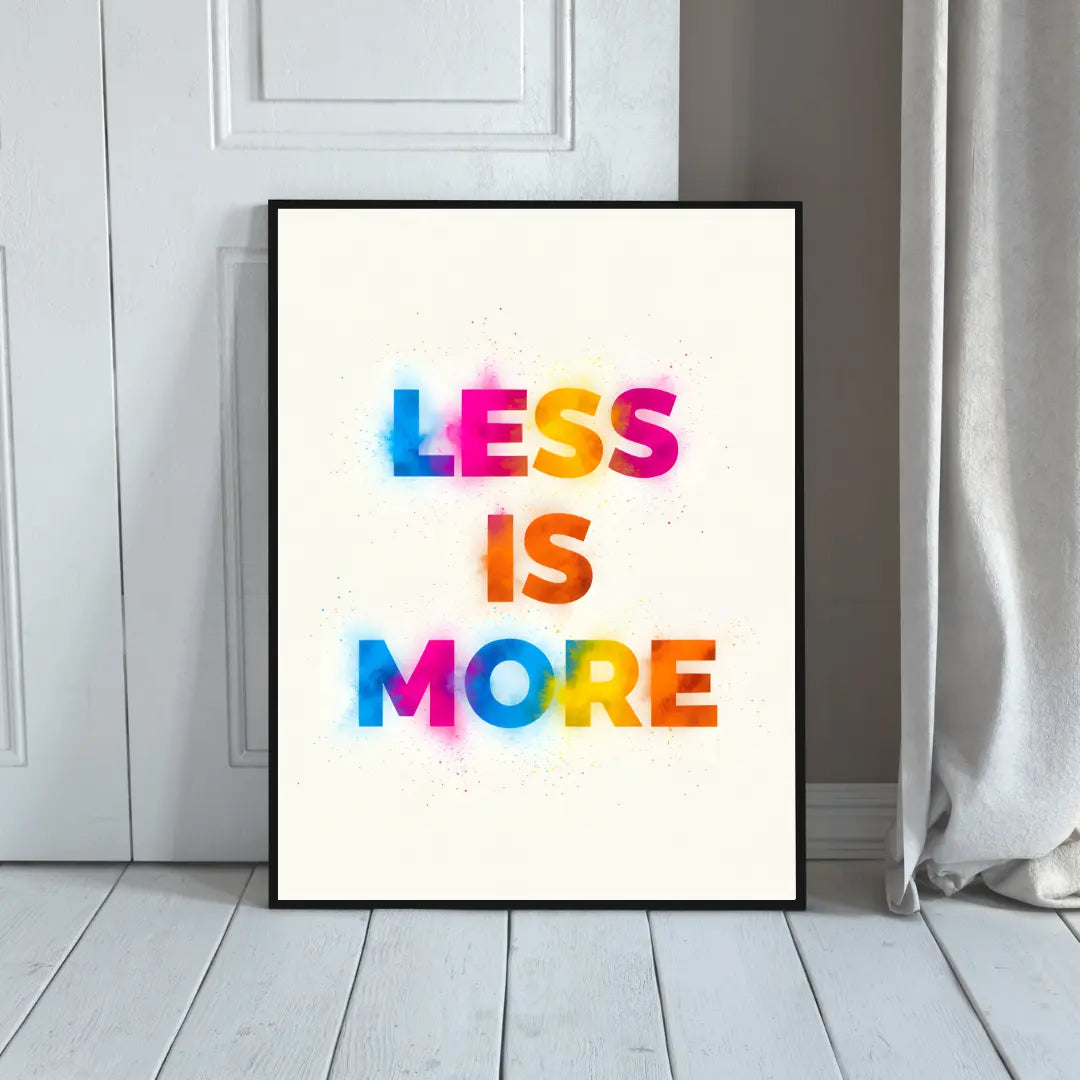 ForWalls.eu - Plakat Less Is More - Minimalist poster with “LESS IS MORE” text in bold, colorful spray-paint style on off-white background. - minimalistyczny, plakat, typografia