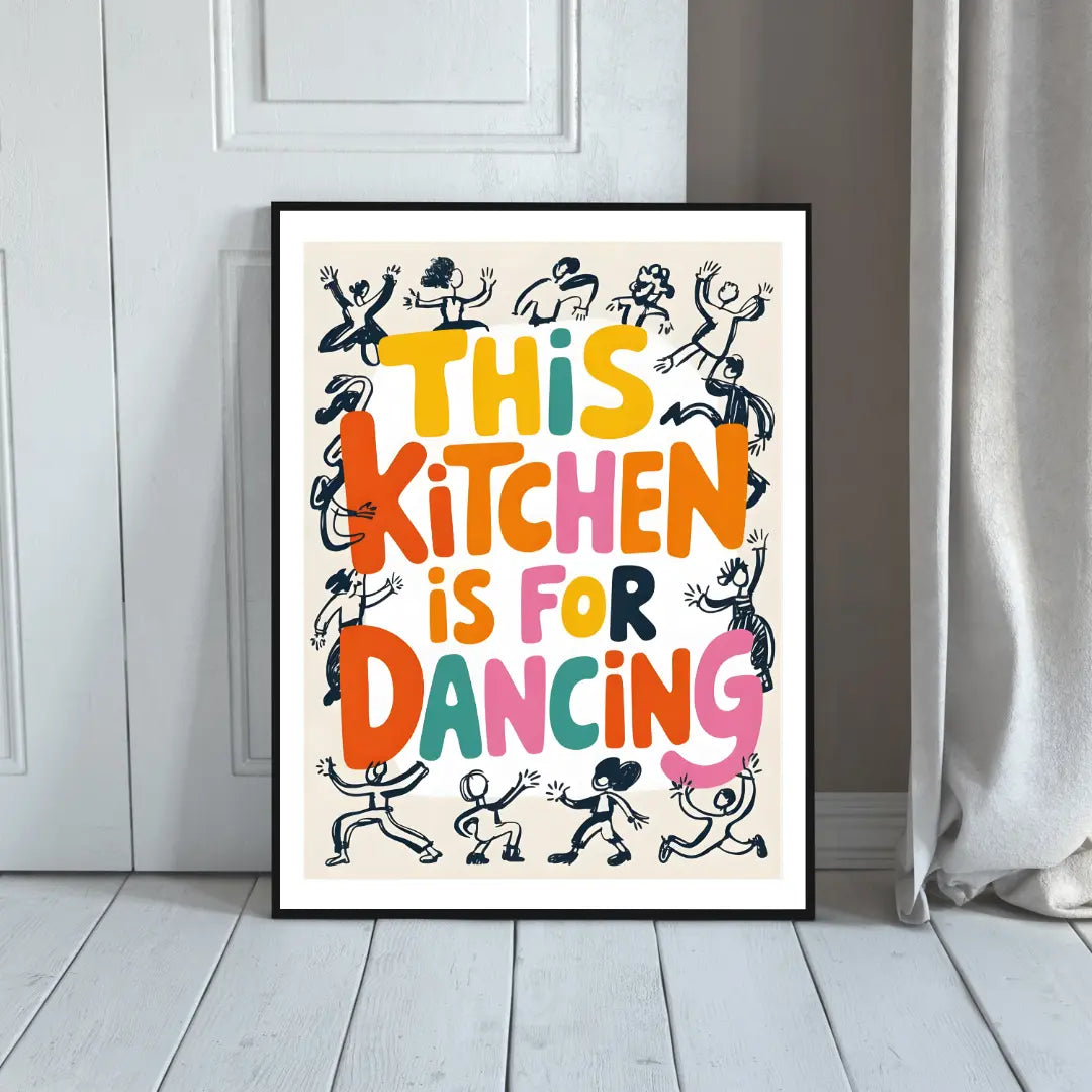 ForWalls.eu - Plakat This Kitchen Is For Dancing - Colorful typography poster with "This Kitchen Is For Dancing" text surrounded by playful dancing figures in black. - classic, humor, jedzenie, plakat