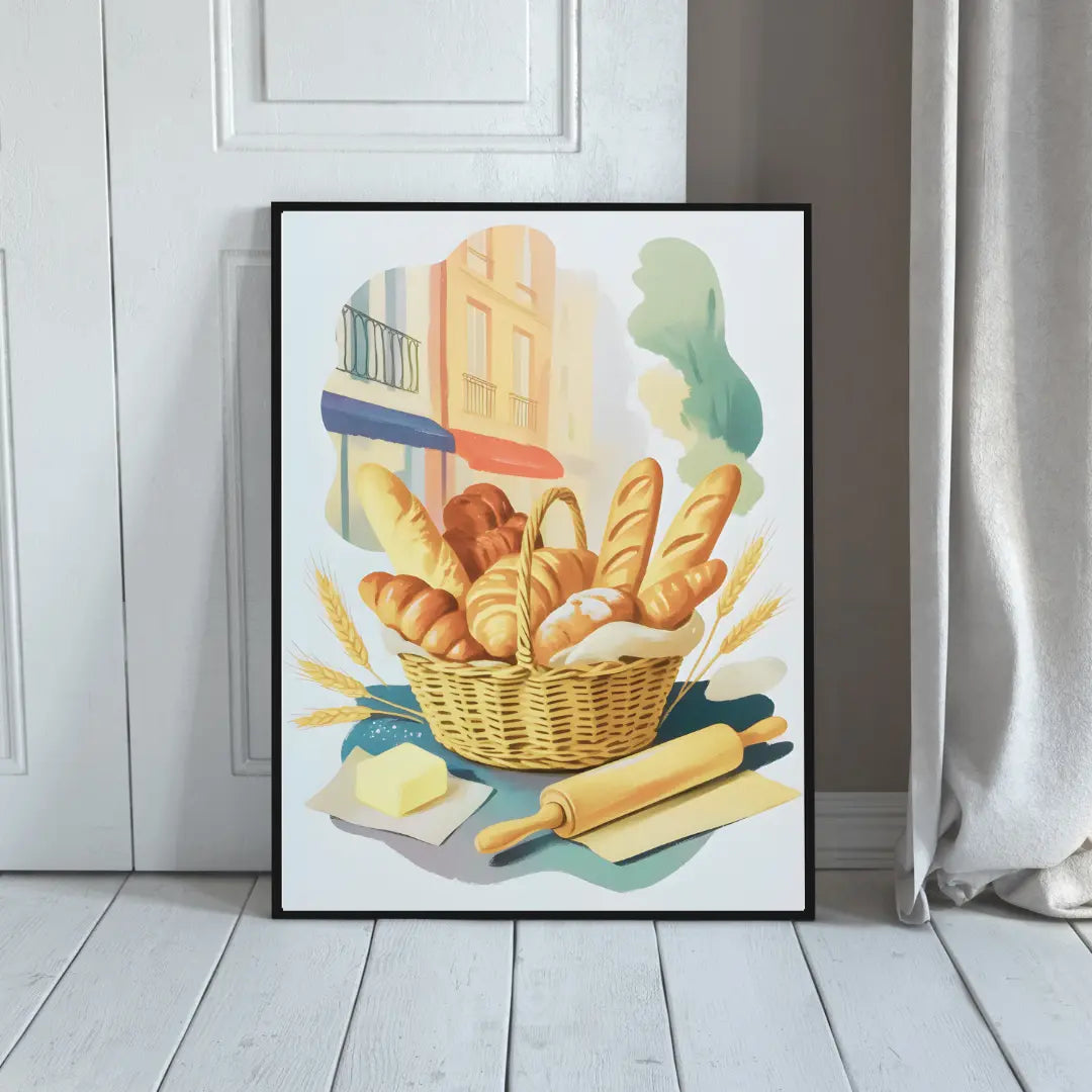 ForWalls.eu - Plakat French Bakery - Framed poster with basket of assorted bread, loaf, baguettes, butter, rolling pin on white floor by curtain. - jedzenie, plakat, podróże