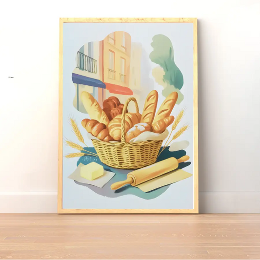 ForWalls.eu - Plakat French Bakery - Minimalist poster featuring a basket of French baguettes, croissants, wheat stalks, butter, and a rolling pin on blue surface. - jedzenie, plakat, podróże